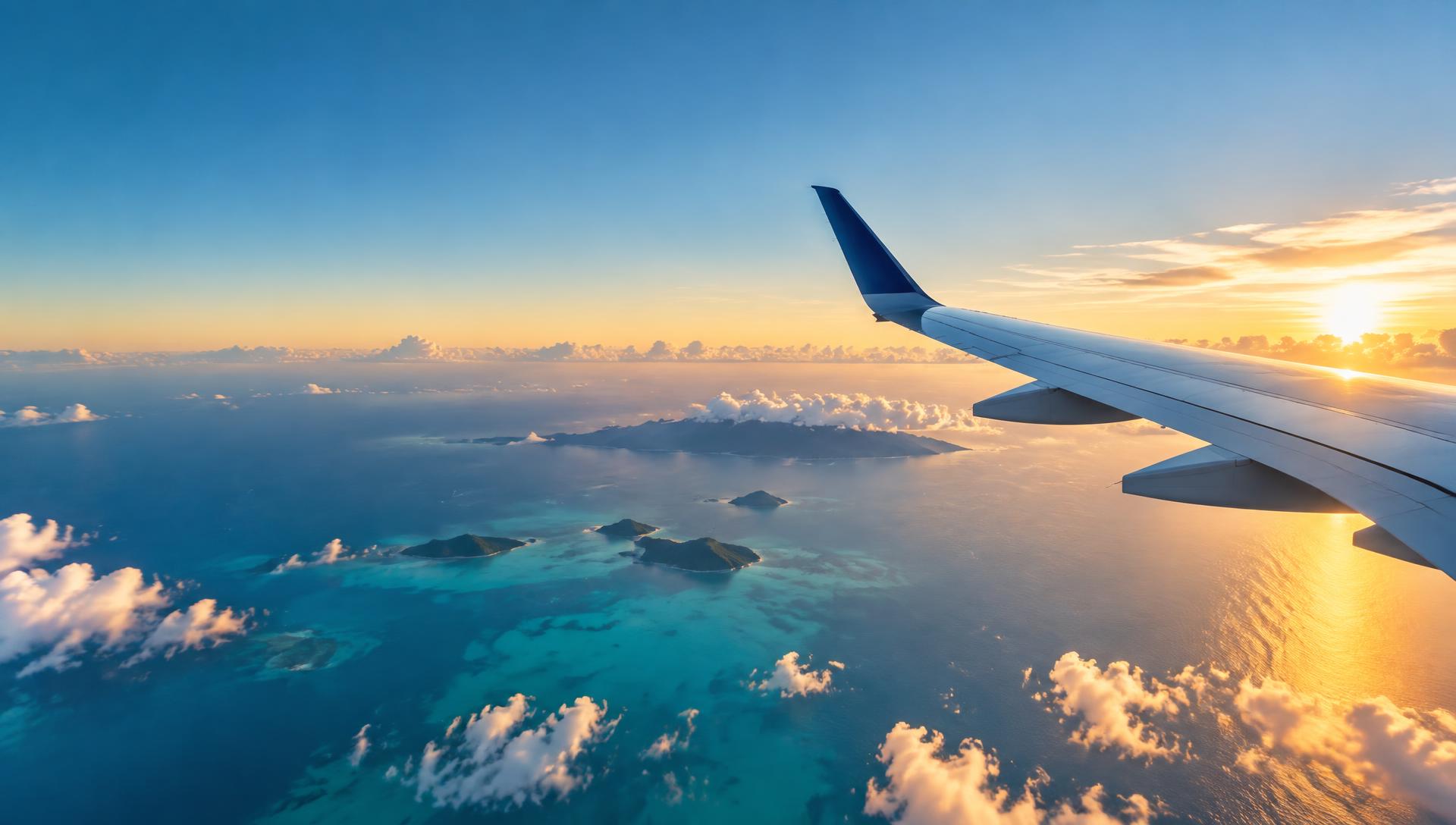 View of an aircraft wing above turquoise ocean at sunset